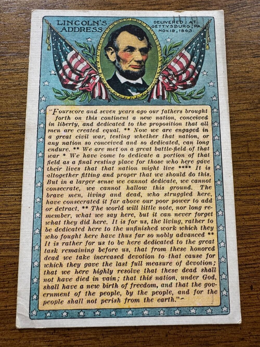 Vintage 1937 Lincoln Gettysburg Address Postcard Gettysburg PA Posted